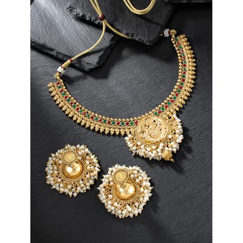 Aheli Indian Traditional Temple Necklace Jhmki Jhumka Dangle Earring Set Studded with Faux Stone Bollywood Wedding Jewelry Gift for Women3