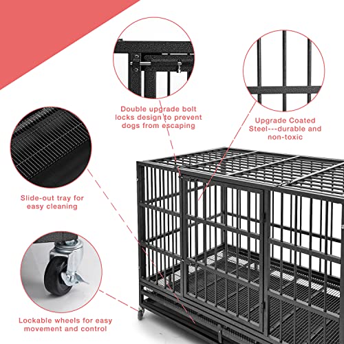 48 Inch Heavy Duty Indestructible Dog Crate Steel Escape Proof Dog Cage Kennel Indoor Double Door High Anxiety Dog Crate With Wheels, Removable Tray, Extra Large Xl Xxl Dog Crate #TOP2