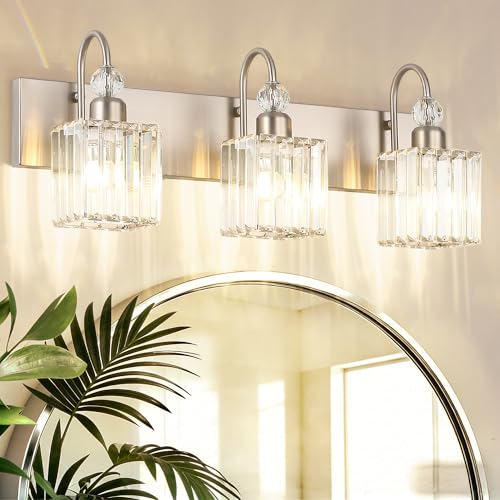Image of Ralbay Brushed Nickel Vanity Light for Bathroom Crystal 3-Light Modern Crystal Bathroom Light Fixtures