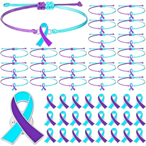 50 Pcs Suicide Awareness Bracelets Pin Set 25 Suicide Prevention Awareness Bracelets and 25 Teal and Purple Ribbon Pin Adjustable Wristband for Women Men Jewelry Accessories