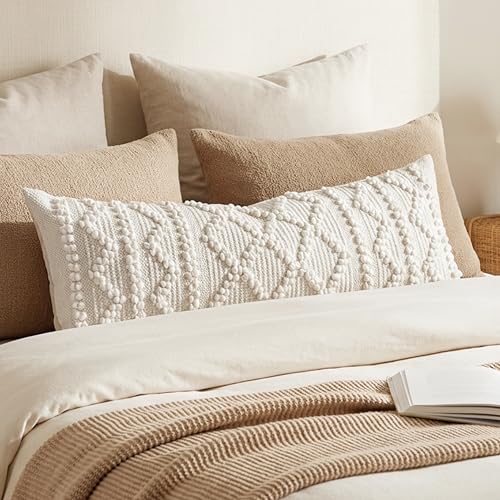 BlissBlush Pure White Decorative Lumbar Pillow Cover 14x36, Boho Long Throw Pillow for Bed, Accent Lumbar Throw Pillow Case, Modern Farmhouse Textured Lumbar Cushion (Cover ONLY)