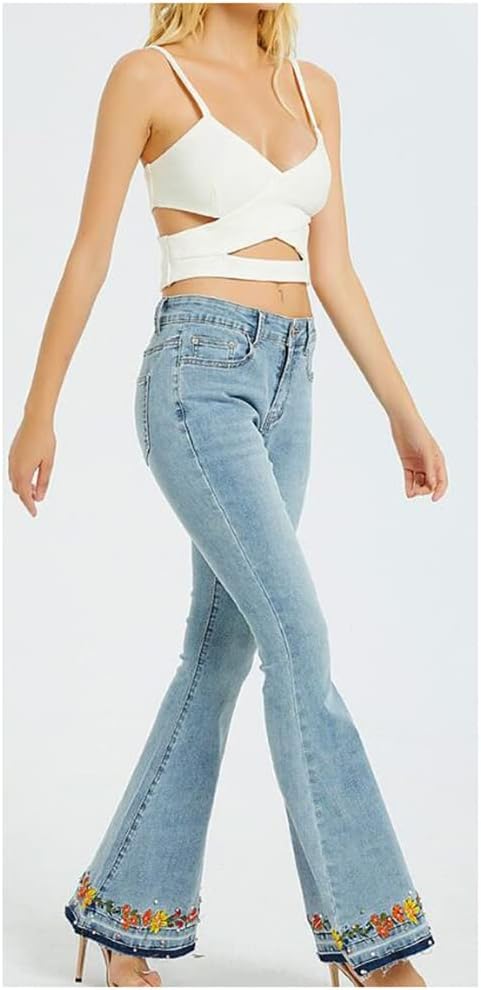 Floral Embroidery Jeans Ladies Flare Pants