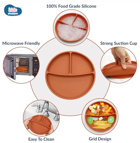 Image of Kids Station 3 Piece BPA-Free Silicone Baby Feeding Set - Baby Plate - Spoon and Bowl - Make Mealtime Fun - Microwave Safe - Unbreakable Eco-Friendly - Organic & Natural (Plate (Set of 3), Orange)