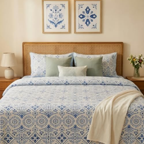 Image of Naksh Queen Size Bed Sheet Blue Geometric Print 2 Pillow Covers | Modern Blue Geometric Print with Symmetrical Pattern | Bed Sheet Double Bed | Royal Sajawat Collection |