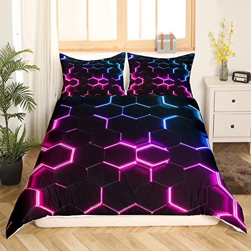 Loussiesd Red Pink Blue and Black Print Duvet Cover Hexagonal Bedding Set Kids Boys Teens Honeycomb Decor Comforter Cover Beehive Geometric Bedspread Cover Bedroom Collection 3Pcs King Size - Image 4