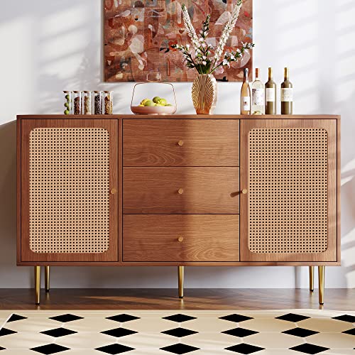 Merax Vintage Rattan Sideboard Kommode mit 2 Türen und 3 Schubladen,...