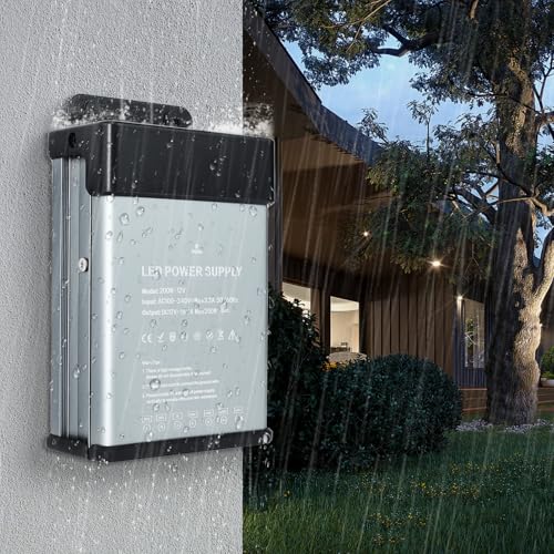 Image of 12V 200W LED Power Supply Rainproof IP44, Ultra Slim LED Transformer 100-240V AC to 12V DC 16.7A Quiet Low Volt LED Driver Constant Voltage Driver Adapter for LED Lights, Indoor & Outdoor