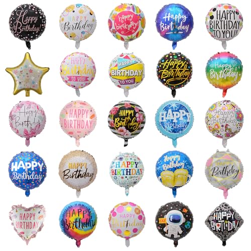 PAKESI 100Pcs Happy Birthday Balloon - Helium Foil Balloon for Birthday Party Decoration with Ribbons Suitable for Children Adults Anniversaries Baby Showers(25 Style)
