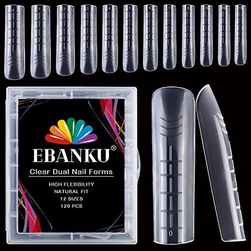 EBANKU 120PCS Clear Full Cover Dual Nail System Form Mold Flat Acrylic Nail Extension Tips Nail Art Manicure Tools