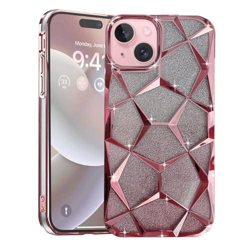 Image of VONZEE Luxury Gradient Glitter Case Compatible with iPhone 15, Electroplated Geometric Cube Design, Sparkling Diamond Bling Clear Back, Soft TPU Shockproof Phone Cover for Women & Girls(Pink)