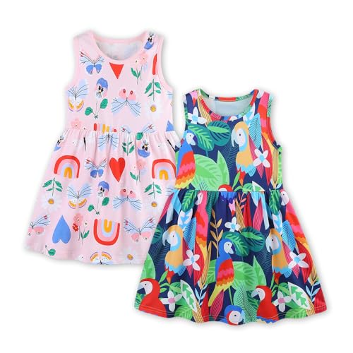 YANGLYN Toddler Girl's Cotton Dresses Short Sleeve Dress Sets for Kids Girls Cartoon Casual Summer Dress 2 Pack Parrot Butterfly 3T
