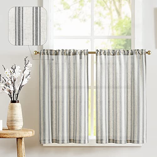 jinchan Linen Striped Kitchen Curtains 24 Inch Farmhouse Small Cafe Curtains Balanced Stripe Half Window Light Filtering for Bathroom Living Room Laundry 2 Panels Black on Linen