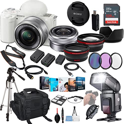 Sony ZV-E10 Mirrorless Camera with 16-50mm Lens (White) Bundle - ILCZV-E10L/W + Prime Accessory Package Including 128GB Memory, TTL Flash, Battery, Editing Software Package, Auxiliary Lenses & More