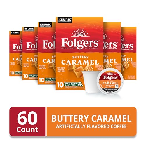 Image of Folgers Buttery Caramel Artificially Flavored Coffee, K-Cup Pods, 60 Count | 6 (10 count) boxes, Medium roast coffee, Genuine K-Cup pods made to brew with your Keurig coffee maker
