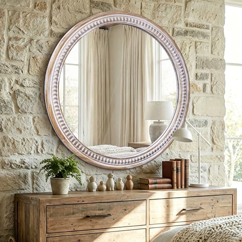 Image of 30 Inch Round Wood Mirror, Rustic Farmhouse Wall Mirrors for Bathroom | Boho Accent, HD Tempered Glass, Large Decorative Appeal, Ideal for Living Room, Entryway, Foyer, Vanity, and Hallway