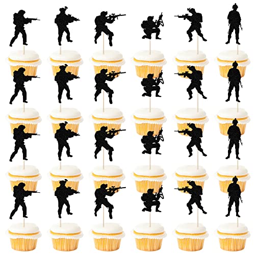 Kaoenla Military Themed Soldier Cake Toppers - 24 Pieces Paper Cups Black Glitter Soldier's Day, Veterans, Men's Birthday, Navy Army Special Forces Decorations #TOP11
