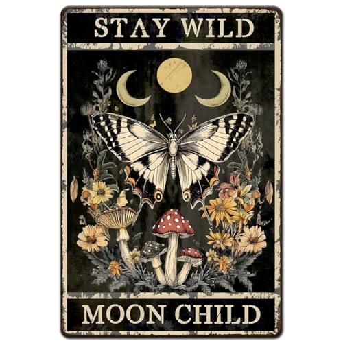 Hobbspring 1pc Vintage Metal Tin Sign 20x30cm Retro Iron Butterfly Flower Sign Rusty Look Stay Wild Moon Child Poster for Home Office Kitchen Farmhouse Cafe Garden Wall Decor