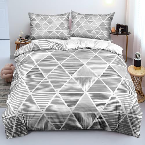 Housse de couette moderne à rayures géométriques et patchwork de losanges gris pour lit 1 place