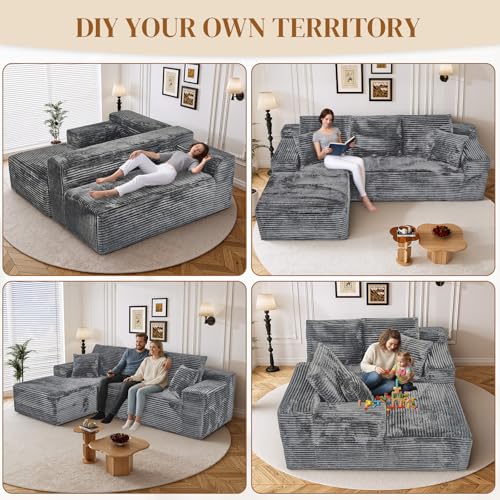 Image of 108 inch L Shaped Boneless Sectional Couches for Living Room, Comfy Corduroy Floor Cloud Sofa with Chaise, Wide Armrest, Deep Seat, Memory Foam, Assembly Free, Ideal for Small Spaces, Grey