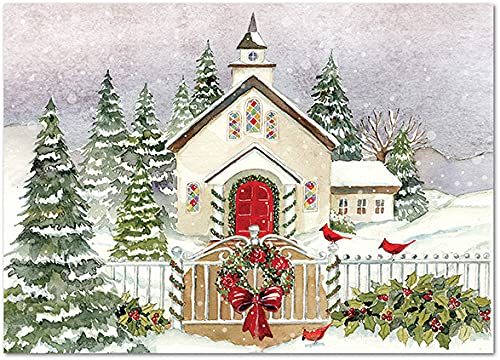 Punch Studio Snowy Church Boxed Christmas Cards Set of 12 (50406), Multicolor