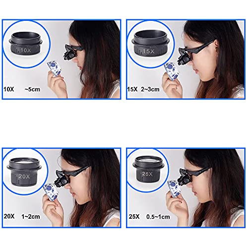 Image of Watch Repair Jewelers Magnifying Glasses Loupe with 4 Lenses, LED Light for Watch, Jewelry, Smartphone, Tablet, Laptop, Drone Electronics Repair 10X /15X /20X /25X Zoom Incl. Manual and Strap