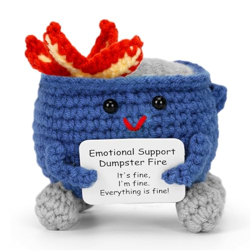 Keyrose Emotional Support Dumpster Fire Crochet Doll, a Cute Funny Handmade Desk Accessories Office Decor, Birthday Gifts for Women Men with Positive Card (Dark Blue)