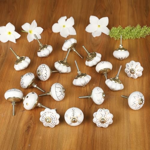Image of Craft Trade Ceramic Furniture Knobs for Drawer Wardrobe Kitchen Desk Cabinets Dressers Cupboards Vintage Assorted Decorative Golden Print Pull Handle Interior Decor - Pack of 20, Cream