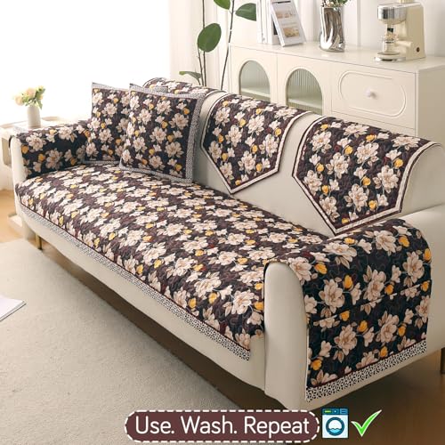 Image of HOKIPO 'Florentina Series' Premium Holland Velvet 5 Seater Sofa Cover Mat in 3+1+1 Configuration with Foam Filling for Extra Softness, Anti-Slip Backing, Camellia Brown (IN-881+878 * 2-V2)