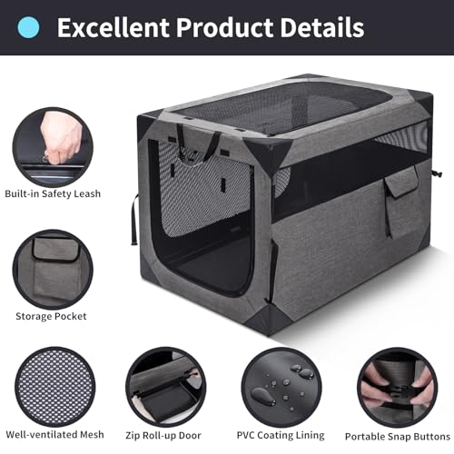 30 Inch Portable Travel Dog Crate, 3 Door Collapsible Soft Pet Kennel with Durable Mesh Windows for Medium Dogs, Foldable Dog Cage with Storage Pocket for Outdoor (Dark Grey) - Image 4