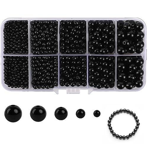 1750 Piezas Perla Abalorios Redondos, Perlas Redondas Negro, Cuentas de Perlas para Collares, 3/4/5/6/8 mm para Manualidades, Decoración, Bisutería y Bricolaje Hacer Joyas, Collar de Pulsera