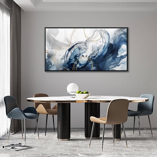 Image of Mofutinpo Blue Wall Art Framed Abstract Canvas Wall Art Blue Pictures for Living Room Wall Decoration Large Modern Office Artwork Wall Decor Graffiti Paintings for Bedroom 24x48IN