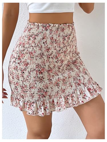 WDIRARA Women's Floral High Waisted Mini Bodycon Skirt Boho Ruffle Trim Smocked Short Skirts4