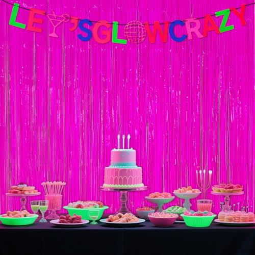 Image of 3 Pack Glow in The Dark Party Supplies, Neon Party Decorations Fluorescent Tinsel Curtains with Let's Glow Crazy Banner, Macaron Fuchsia Photo Booth Backdrop, Neon Glow Birthday Halloween Party Decor