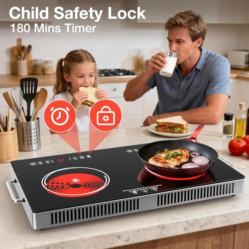 Image of 2 Burner Electric Cooktop 110V, 4000W Portable Electric Stove Infrared Hot Plate, 24 inch Countertop Burners with Handle, 3-Hours Timing Setting & Kid Safety Lock, Compatible for All Cookwares