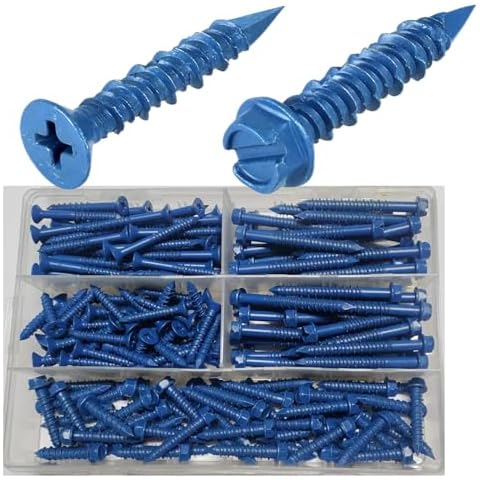 LAZIRO Concrete Screws Assortment Kit, 200Pcs Concrete Screws 1/4 3/16 Assortment Kit, Flat & Hex Head Masonry Block Brick Cement Screws and Anchors, Concrete Screws No Pre Drilling, Diamond Point. Cover