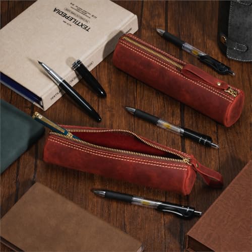 Image of ECHSRT Genuine Leather Pencil Pouch, Classic Cylinder Pen Bag - Red | Full-Grain Cowhide Leather, Crazy Horse Finish, Single Zipper, Vintage Pen Organizer for Adults