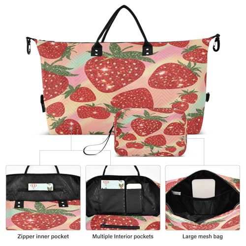 ​​Large Foldable Travel Duffel Bag, Waterproof Gym Bag for Men & Women, Carry-On Luggage Weekender Overnight Bag, Glitter Print Strawberry2