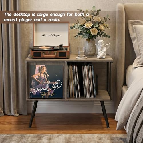 Image of Faesun Flip Top Record Player Stand, Large Turntable Stand Holds up to 150+ Albums, Vintage Mid Century Record Player Table, Stereo Cabinet with Open Storage, for Living Room, Bedroom, Gray