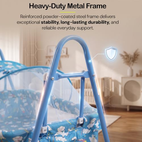 Image of BAYBEE Clora Baby Cradle and Swing with Mosquito Net | Jhula Palna for Newborns | 360 Rotating Lockable Wheels & Storage Basket | Blue