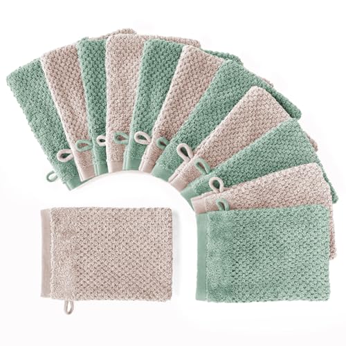 Pure Label 12-TLG. Waschhandschuh Waschlappen Set mit Anhängeschlaufe aus 100% Baumwolle, saugstark, weich und Oeko-TEX Zertifiziert - 12 Waschlappen aus Baumwolle 16x21cm, Stein | Grün