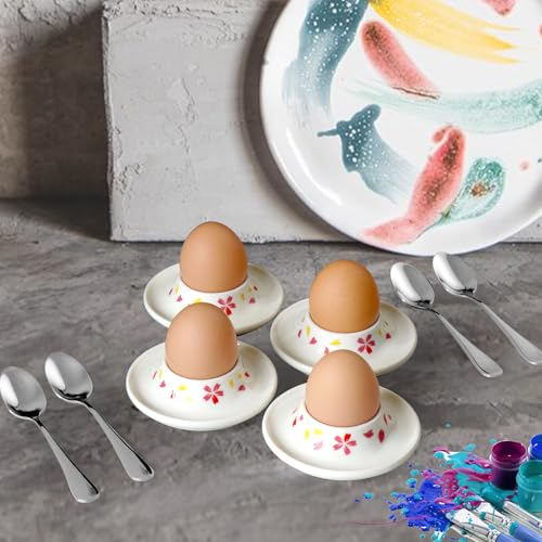 Image of Cinf Ceramic Sakura Egg Holder Set of 4 Porcelain Holder With 4Stainless Steels Egg Spoons Breakfast Boiled Cooking Easy to Clean Childhood Memories Kitchen