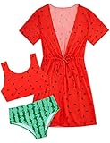 AIDEAONE 3 Pieces Girls Bathing Suits Watermelon Print Bikini Swimsuit Size 8-9T Teen Swimsuits for Pool Party