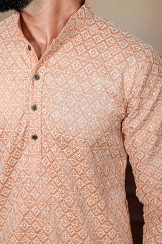 Image of LookMark Men's Printed Silk Blend Kurta with Mandarin Collar, Full Sleeves, Straight Fit Traditional Ethnic Wear