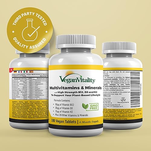 Vegan Multivitamins & Minerals with High Strength Vitamin B12, D3 & K2. 180 multivitamin Tablets - 6 Months Supply. Designed for Vegans & Vegetarians.