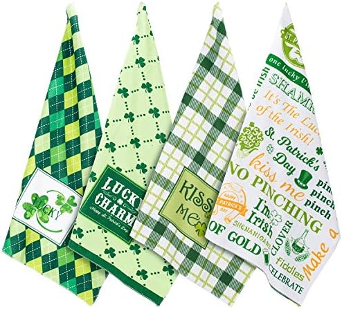Whaline 4 Pack St Patrick's Day Towels Set, Shamrock Clover Green Plaid Kitchen Hand Dish Towels for Gift-Irish, Holiday, Home Decor (18" x 28")