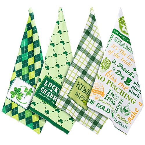 Whaline 4 Pack St Patrick's Day Towels Set, Shamrock Clover Green Plaid Kitchen Hand Dish Towels For Gift-Irish, Holiday, Home Decor (18" X 28") #TOP27