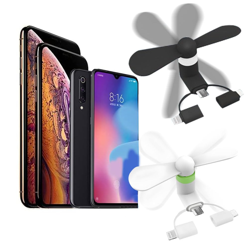 Comioke Wentylator USB 3 w 1 do telefonu komórkowego, kompatybilny z iPhonem, iPadem, smartfonem z systemem Android / tabletem, micro USB/C/Lightning