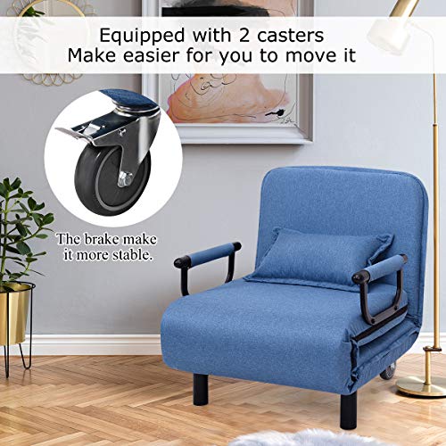 Image of CASART. Folding Sofa Bed, 3-in-1 Convertible Recliner Chair with Pillow and Caster, Indoor Single Sleeper Guest Bed Lounge Futon Couch for Home Office Bedroom Living Room (Blue)
