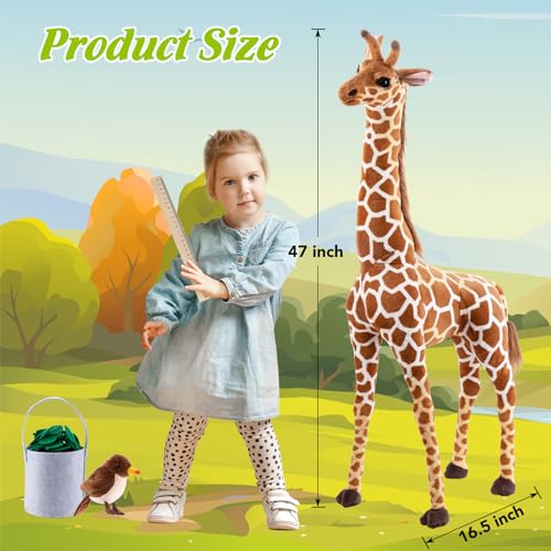 Image of Giant Stuffed Giraffe Animal Set, 47 Inch Large Giraffe Plush Toy for Kids with Bird & Basket & Leaves & Card, Toddler Lifelike Standing Toys Stuffed Animal for Girls Boys