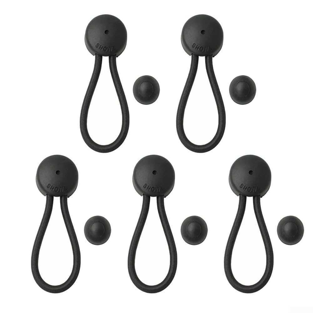 5 PCS Bungee Shock Cord Clip with Knobs, Pull Tie Down Tarp Canvas Knobs for Camping Tents Cargo Pool Awning Car Cover Holding Wire Hoses(Black)